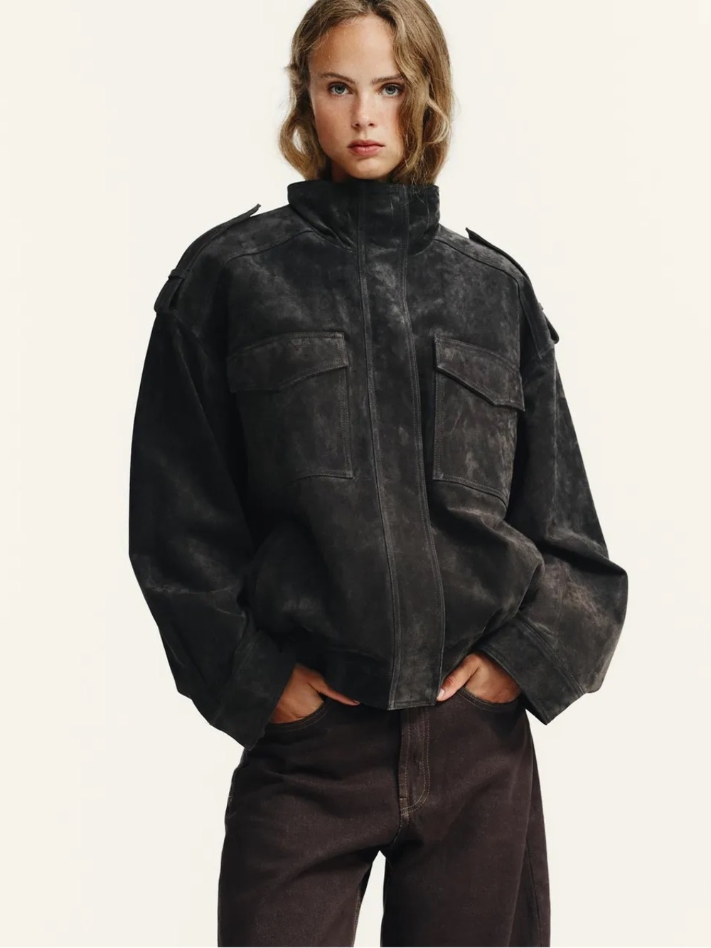 ZARA Suede Funnel Leather Jacket in Charcoal